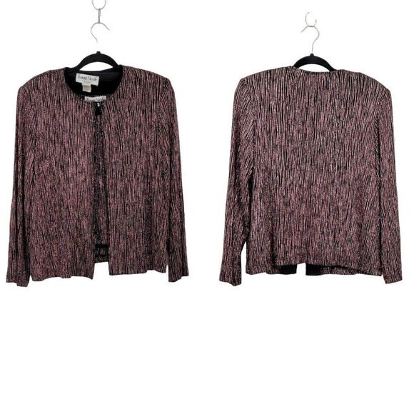 Vintage Sweaters - Vintage 80's Cardigan Top 2 Piece Set Formal Metallic Pink Striping Black PL